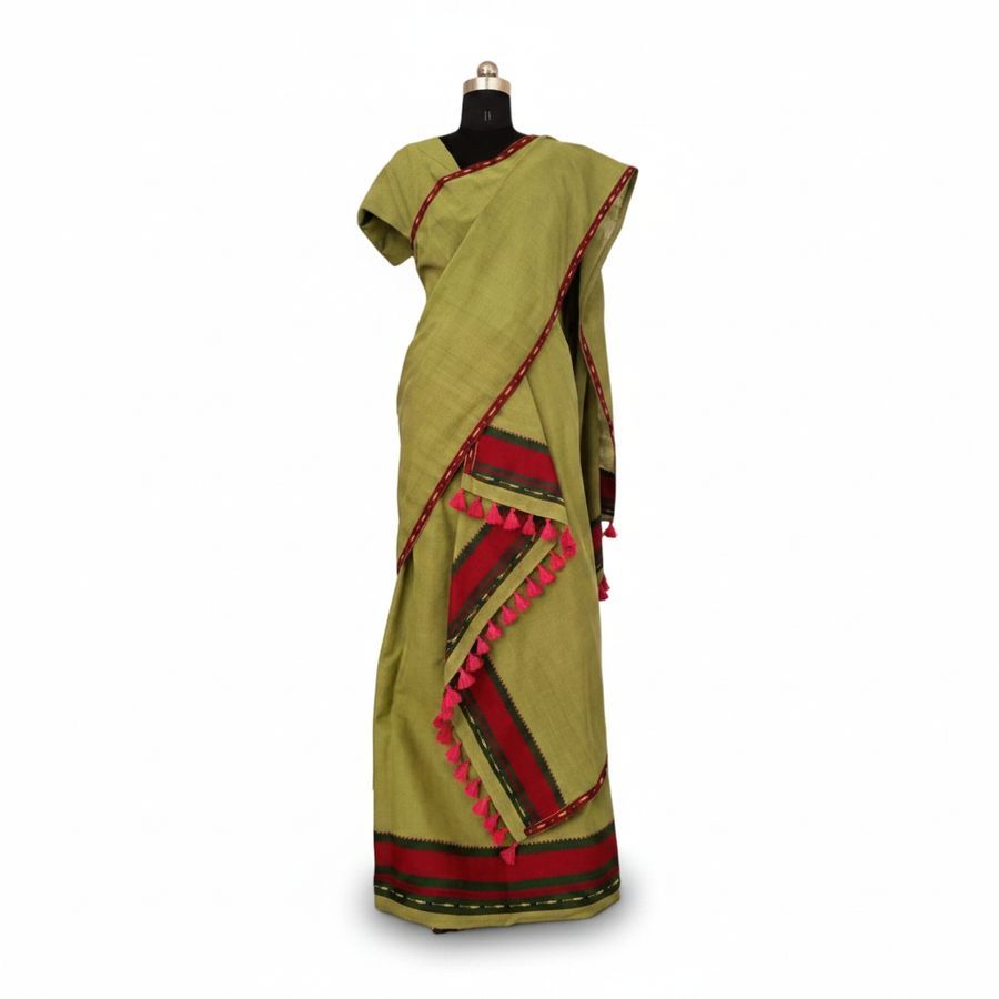 Olive Green Cotton Saree with Red Border and Tassels view 2