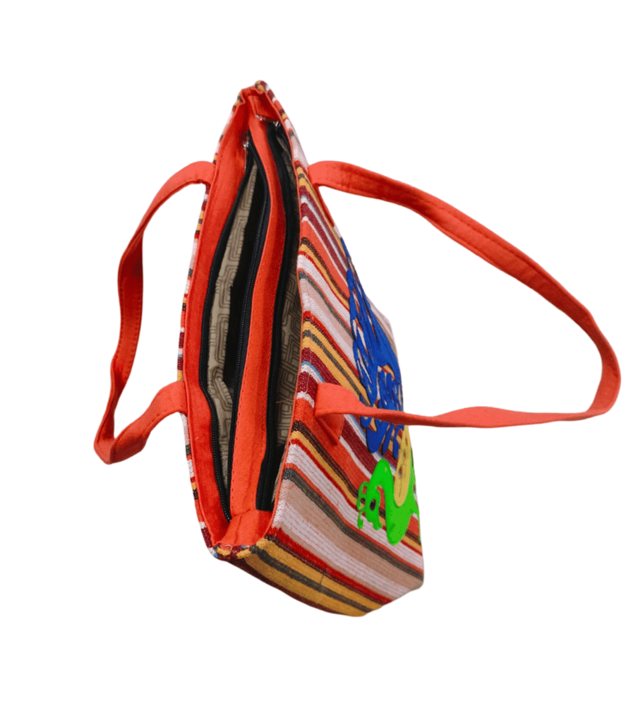 Striped Tote Bag with Embroidered Peacock view 2