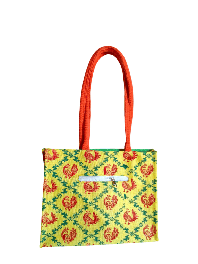 Embroidered Jute Tote Bag with Dual Compartment and Zipper Closure view 2