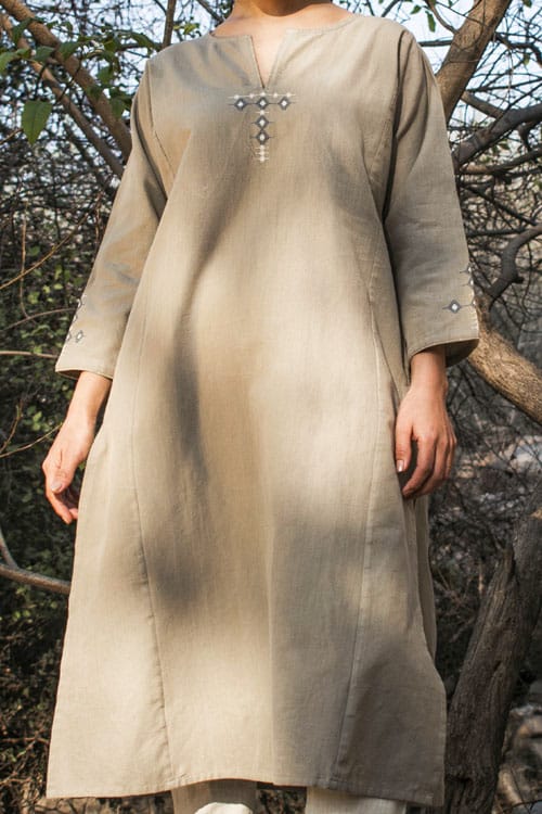 Akriti Beige Handwoven Extra-Weft panelled long kurta view 2