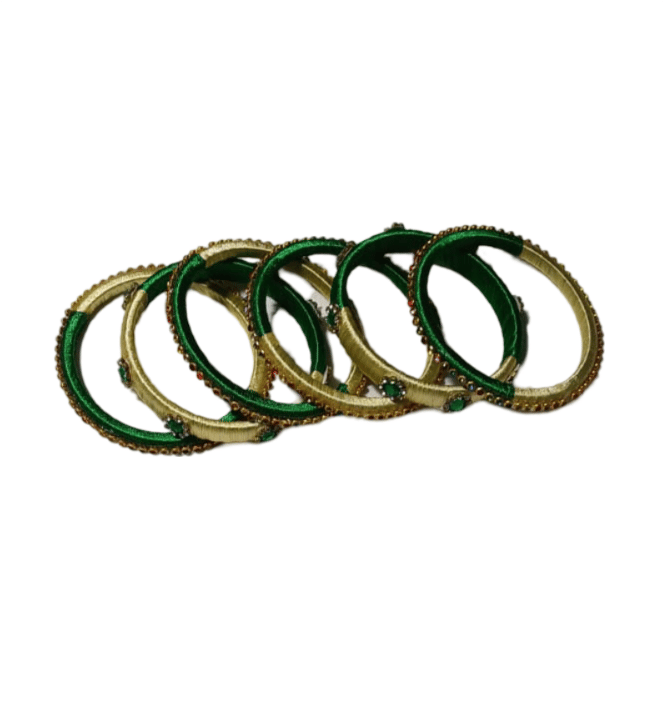 Green and Cream Silk Thread Bangles with Stone Detailing view 2