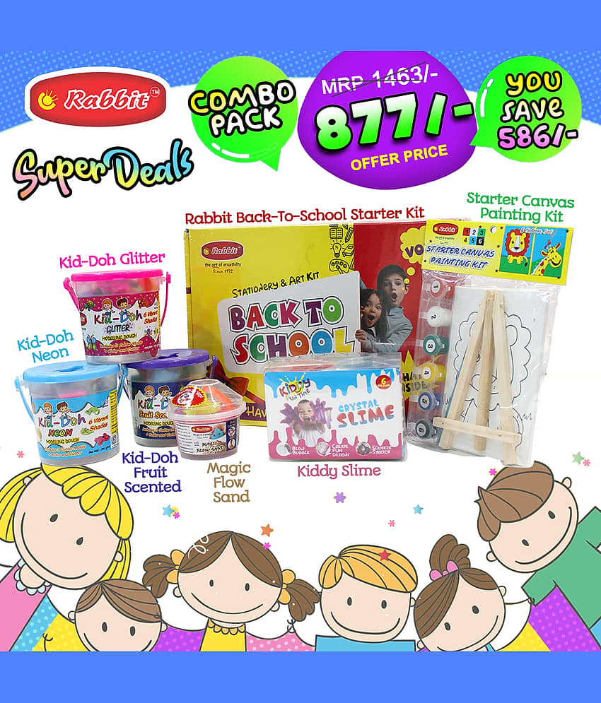 Rabbit Back To School Starter Kit+ Kiddy Crystal Slime pack of 6+ Kid Doh Fruit Scented+Kid Doh Neon+ Kid Doh Glitter+ Starter Canvas Kit 4*6+ Play Sand 100g| Stationery and Art Kit for Kids| Putty Toys view 2