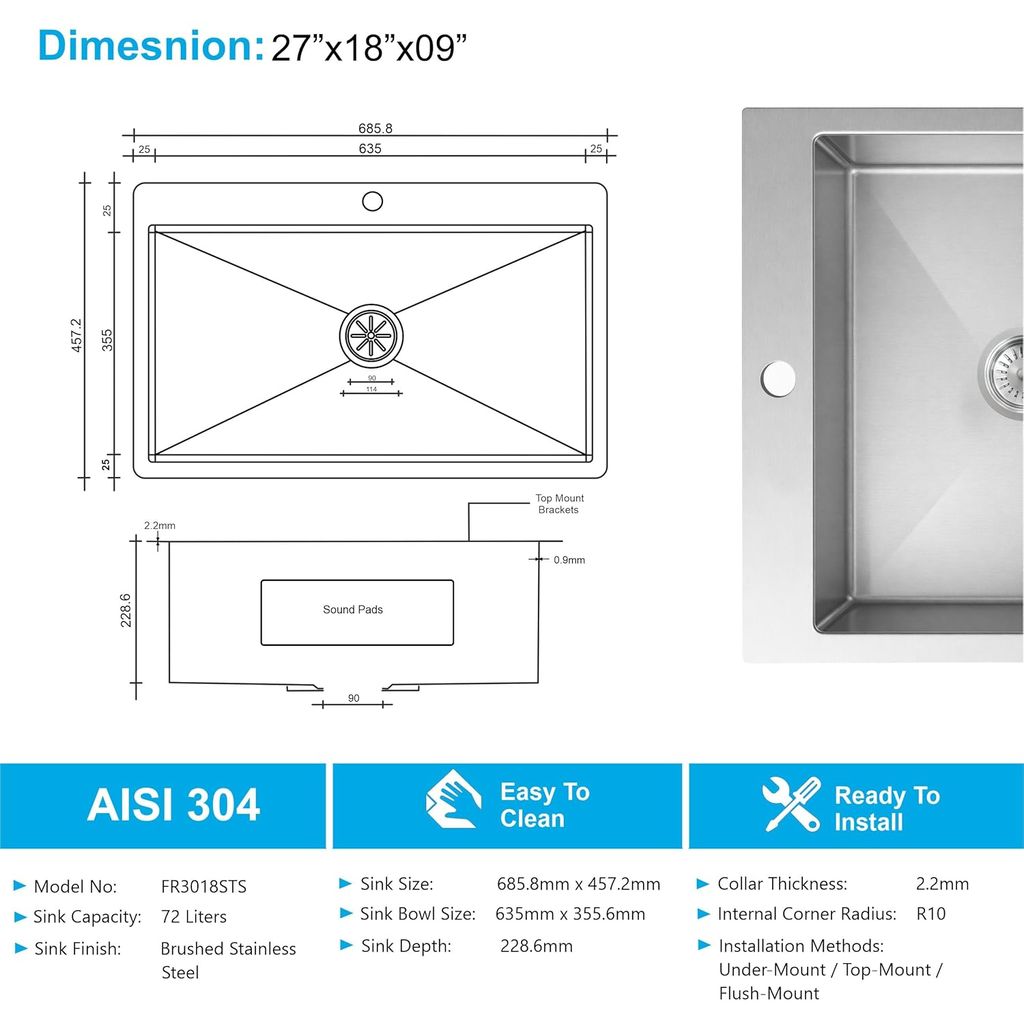 Aqua 304 Handmade ( 27"x18"x09" ) Inch SS Round Coupling Single Bowl Silver Kitchen Sink view 2