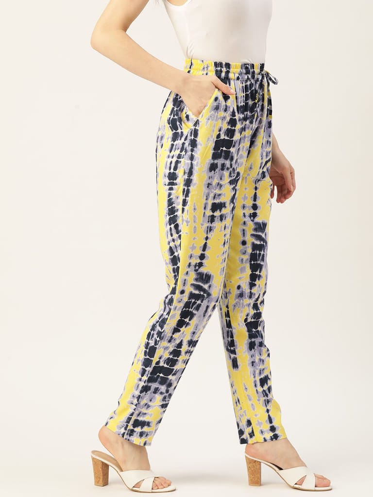 Women Black & Yellow Printed High-Rise Trousers view 2