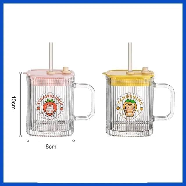 Drinking Glasses 400 ML Coffee Mugs with Handle Lid and Straw Tumbler Travel Sipper Cup for Milk Juice Cocktail Iced Tea Hot Cold Drink Kids Cup (Set of 1) Multi-Colour view 2