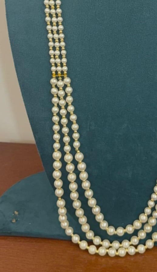 simple layered white moti pearls nd golden connectors necklace view 2
