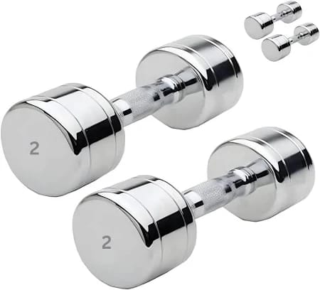 A pair of 2 lb round rubber hex dumbbells