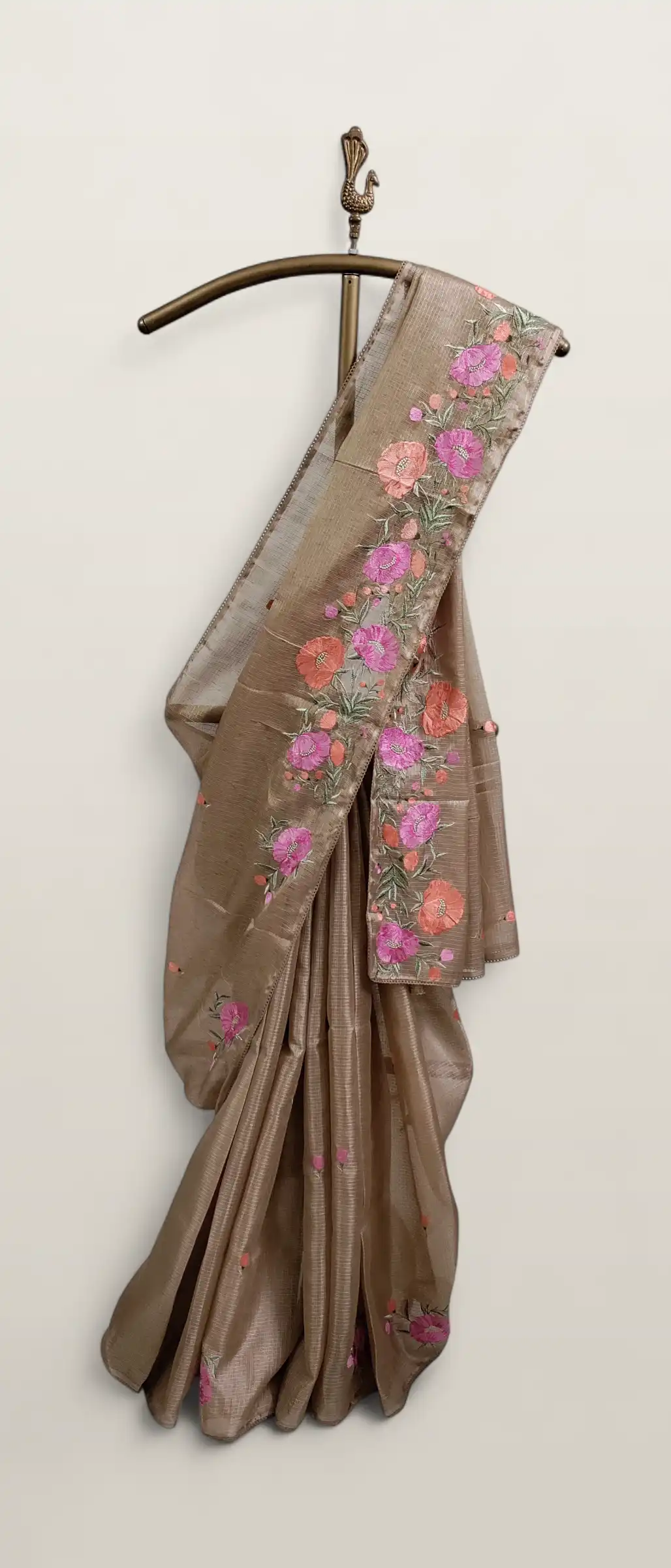 Handwoven Kota Doria Cotton-Silk Saree in Beige with Floral Zari Border view 2