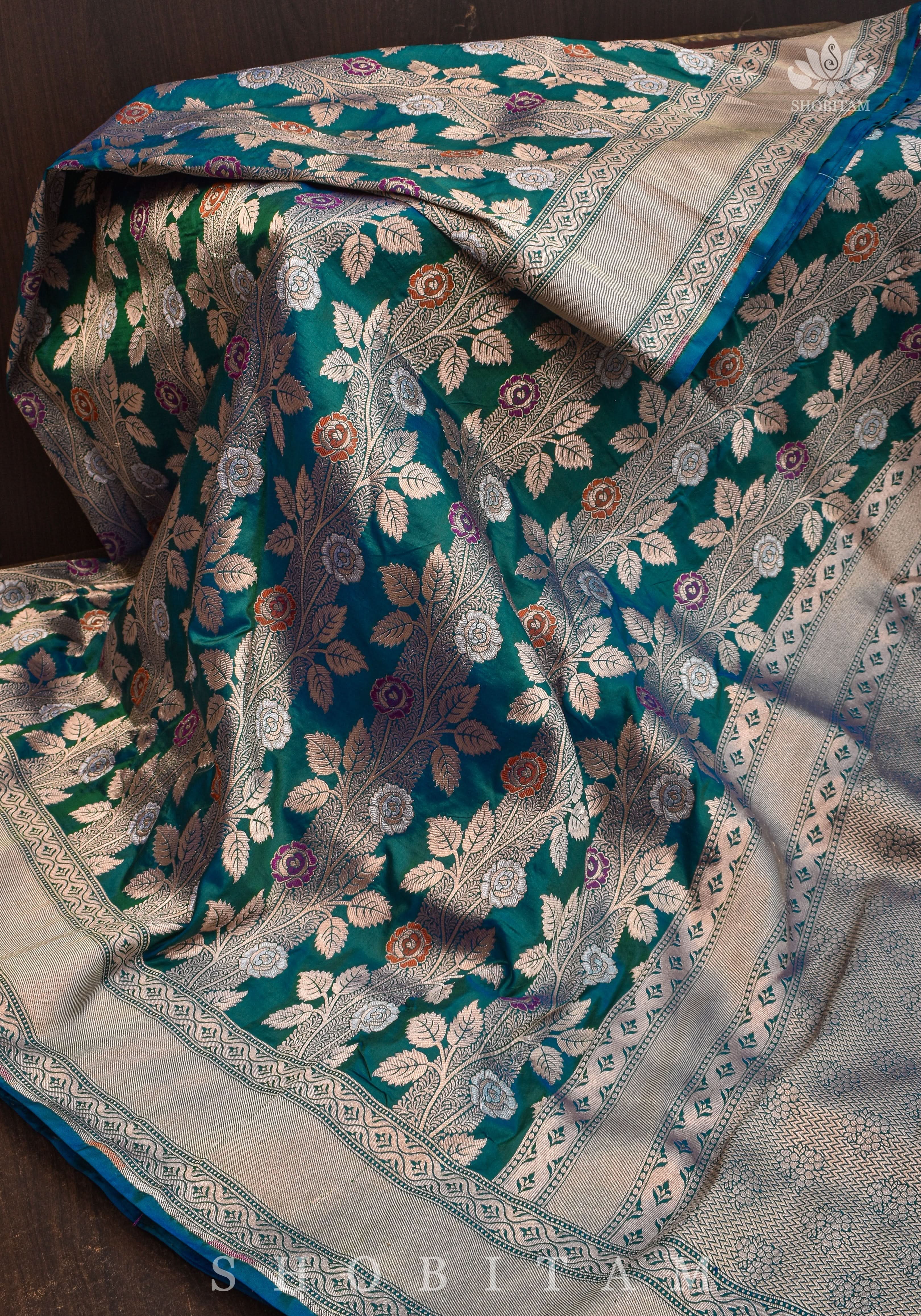 Meenakari Rose Creeper Jaal on Purple Katan Silk Banarasi Saree in Dual tone Blue Green | SILK MARK CERTIFIED view 2