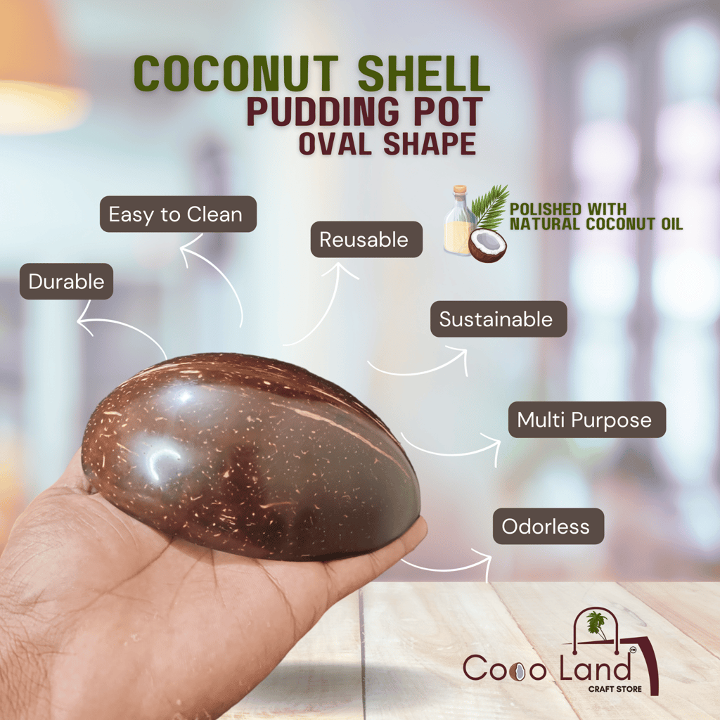 CocoLand Coconut Shell Pudding Pot Oval Shape (150-250 ml) M-L Size Coconut Oil Polished view 2