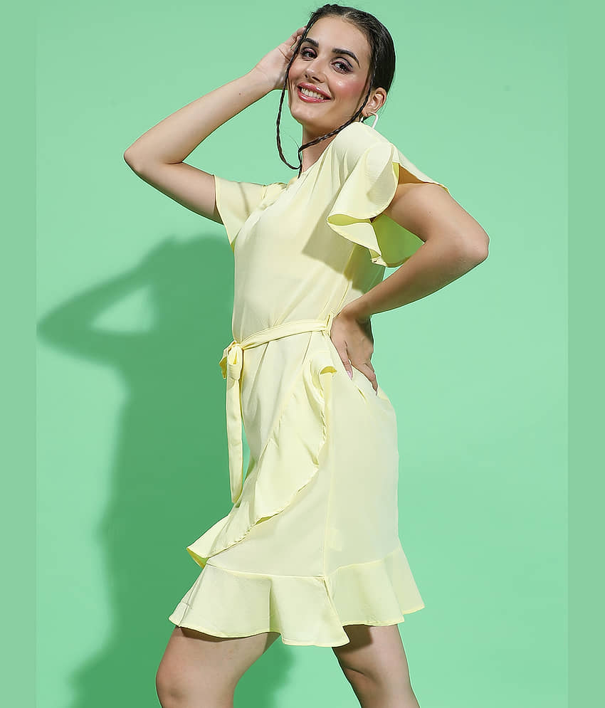 Oxolloxo Women Polyester Solid A-line Dress ( Yellow ) view 2