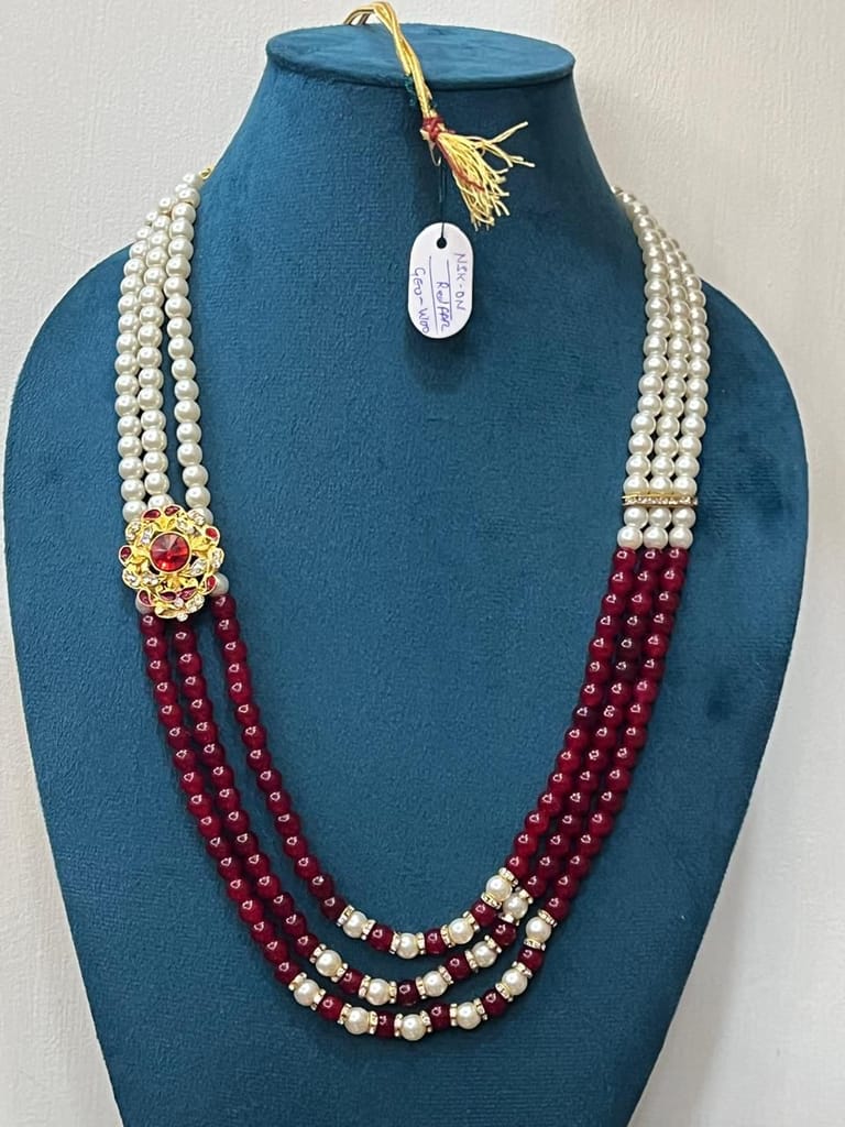groom maroon sherwani layered haar with red ruby gemstone side panel view 2