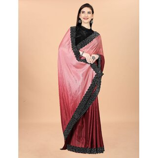 Red And Pink Colour Chinon Silk Saree With Lace view 2