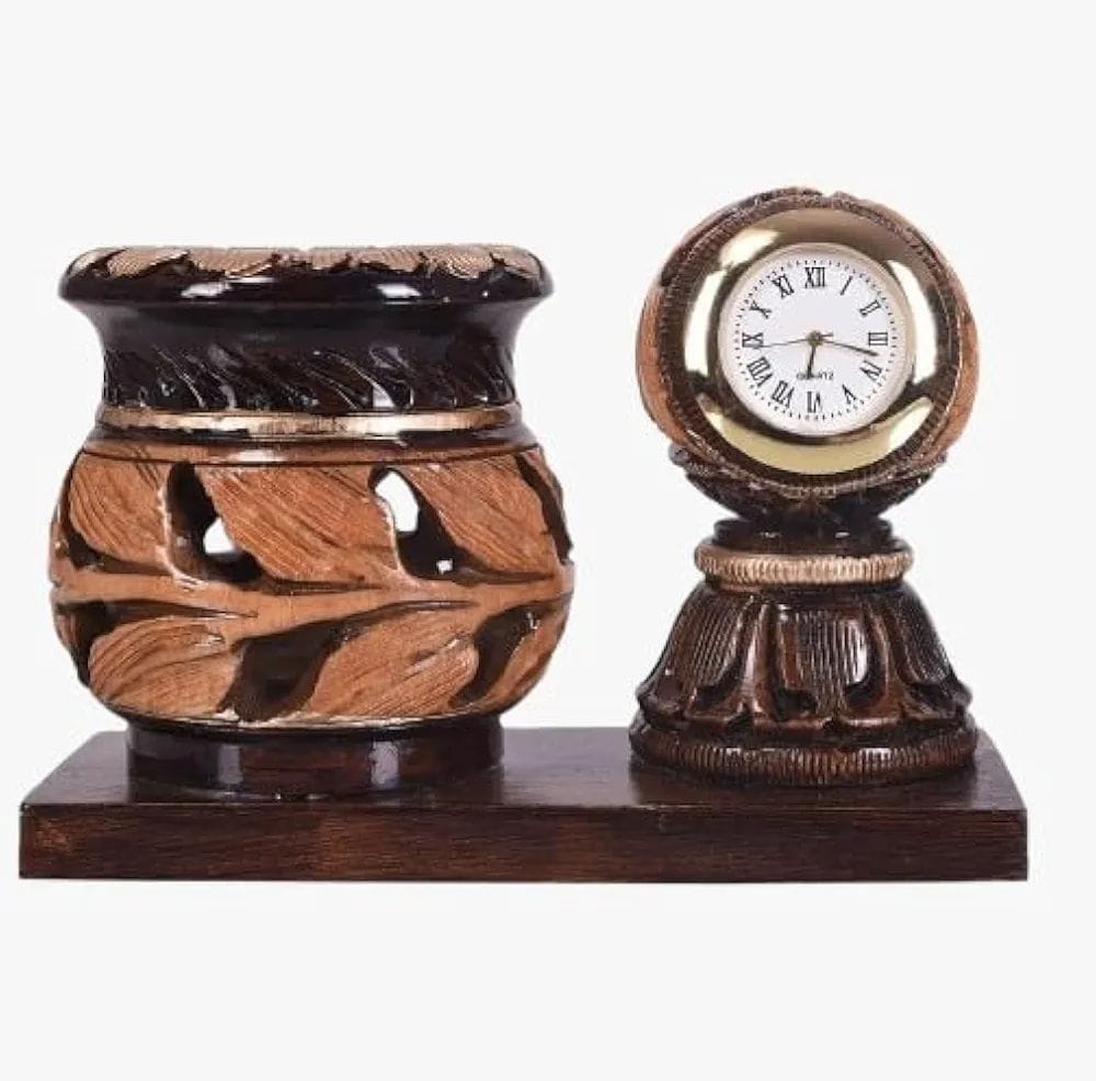Handicraft Wooden Pen Holder with Clock Stand
