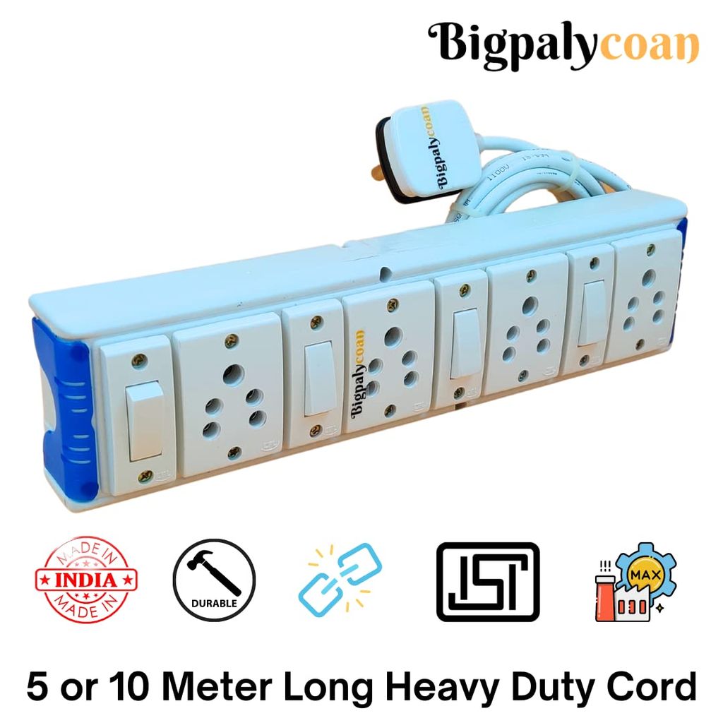 Bigpalycoan 4 Way Extension Cord with Multiple Outlets Individual Switch Heavy Duty Long Cable (Max. Rating 1200W- 230V) PVC Blue/Green-White view 2