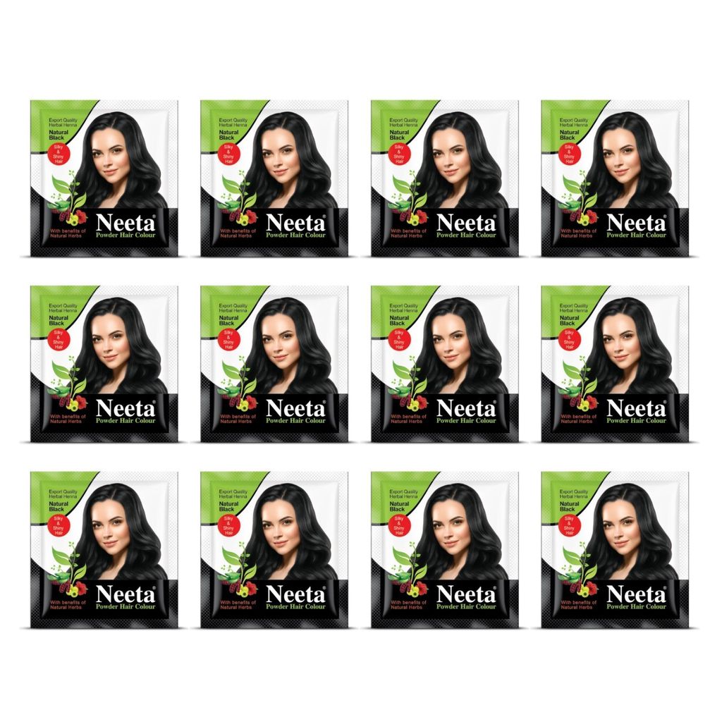 Neeta Powder Hair Colour Natural Black 5g Pack of 12, Henna Based Hair Color for Women Men, Enriched with Natural Herbs