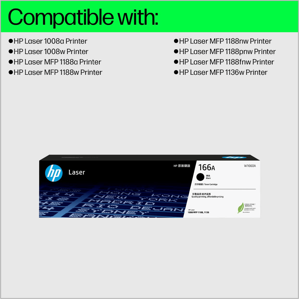 HP 166A Black Toner Cartridge (W1660A) Compatible with HP Laser 1008a, 1008w, HP Laser MFP 1188a, 1188w, 1188nw Printer view 2