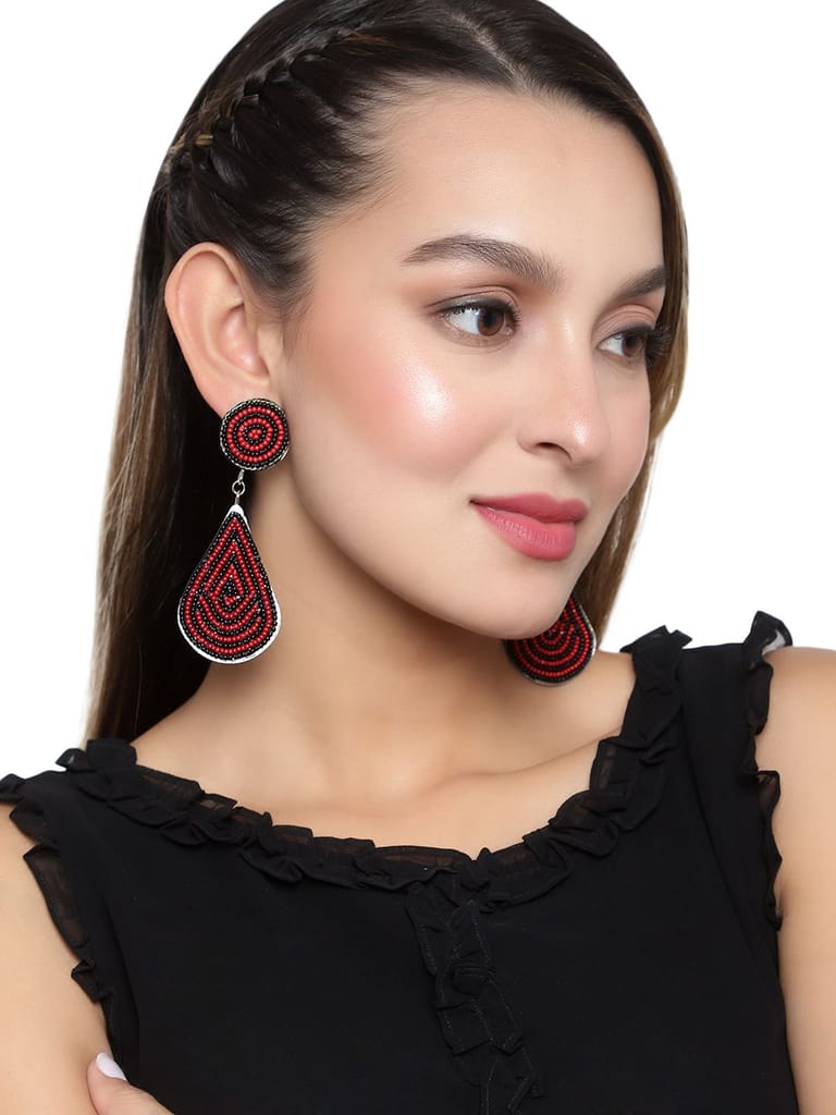 Cardinal Geometric Design Oxidized Beads Weaving Black & Maroon Earrings view 2