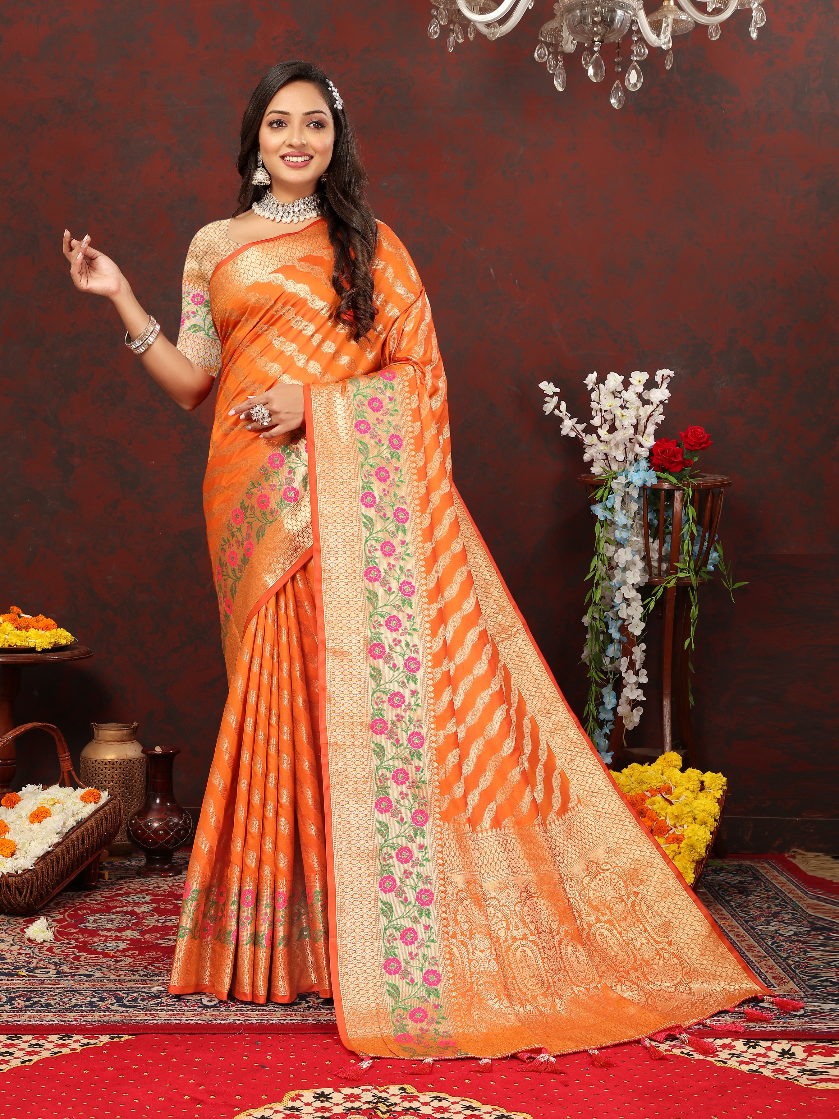 Yavira silk Women's Orange Printed Silk Saree view 2
