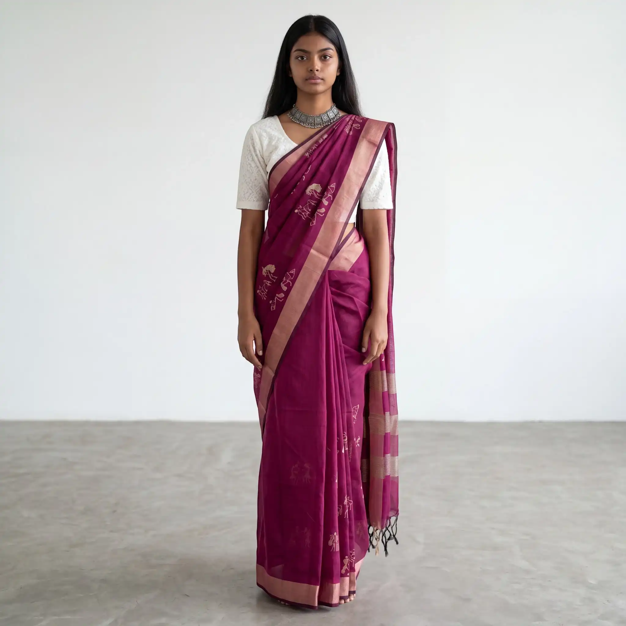 Handwoven Sambalpuri Baandha Ikat Cotton Saree in Wine, with Blouse