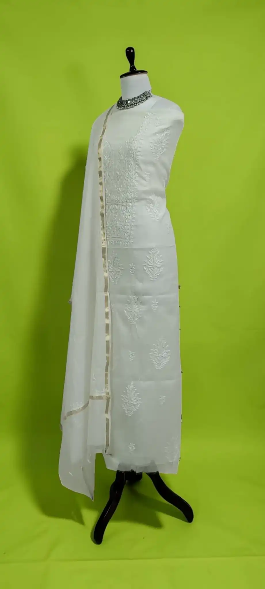 White Mul Cotton Chikankari Dress Material with Dupatta, Hand Embroidered view 2