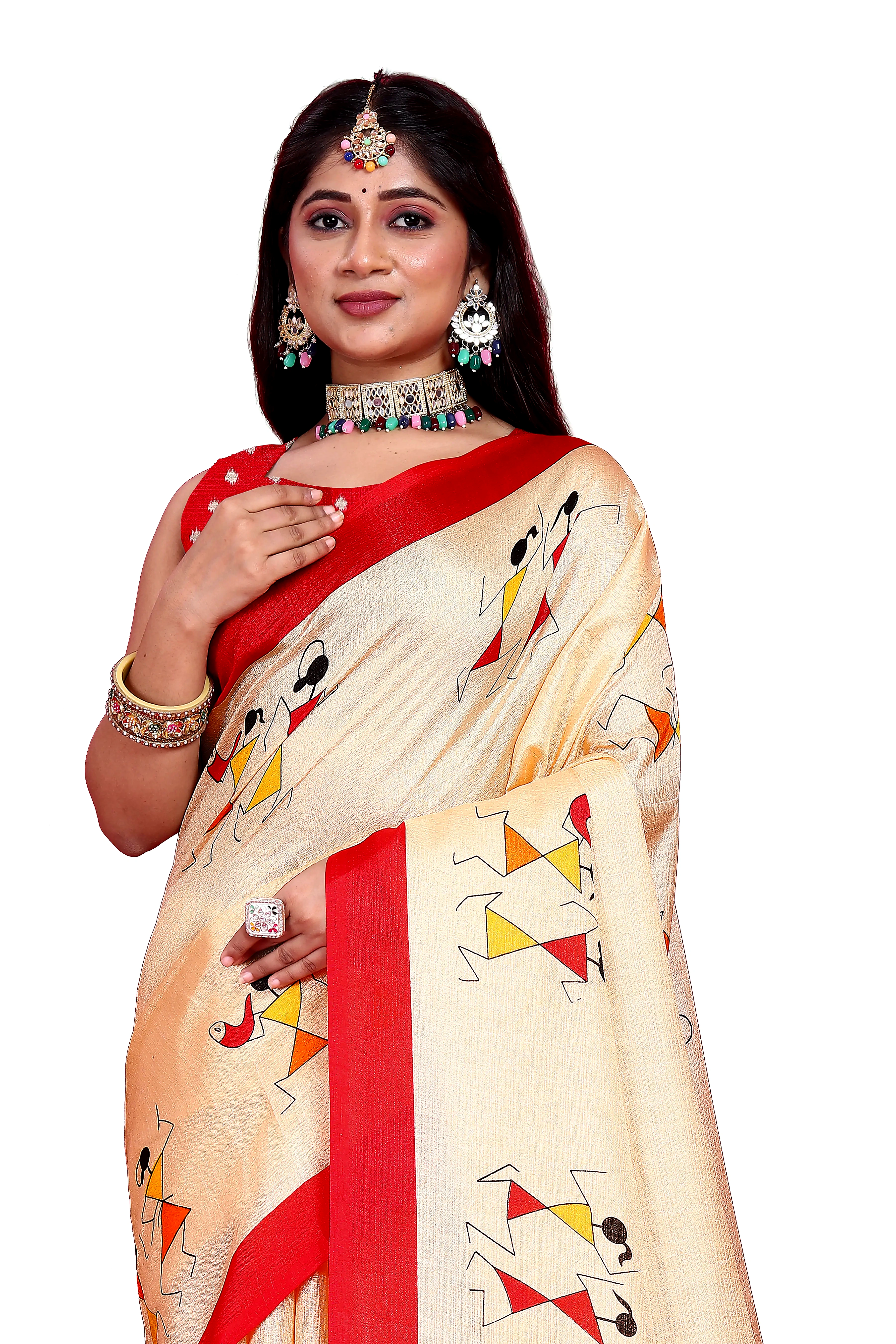 Khadi Silk Warli Printed Saree with Unstitched Blouse for Women (Color - Red) by SHIV TEXTILES view 2
