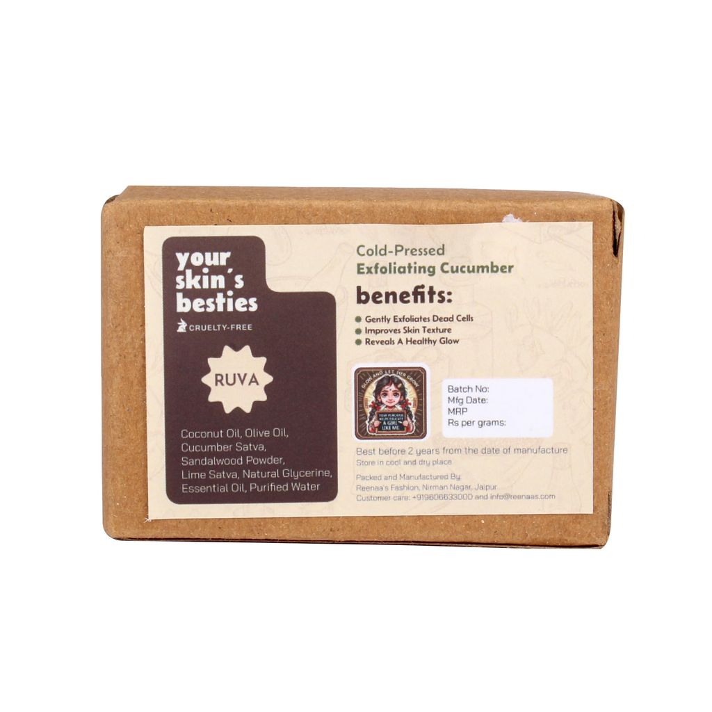 RUVA Handmade Exfoliating Cucumber Cold-Pressed Ayurvedic Soap Bar | Daily Fresh Cleanse & Gentle Skin Renewal | Velvety Scrub Lather, Face Safe | Natural Skincare for All Skin Types view 2