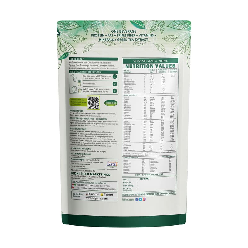 Soyvita - Pro 40 DF GT, High Protein, Triple Prebiotic Fiber Combination, No Sugar, Green Tea Extract, Low Electrolyte view 2