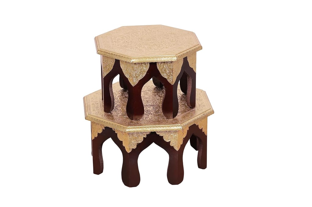Shri Vankal Maa Art -Set of 2 Wooden Stool Pooja Chowki Bajot Multipurpose Puja Mandir Chowki (Brass)