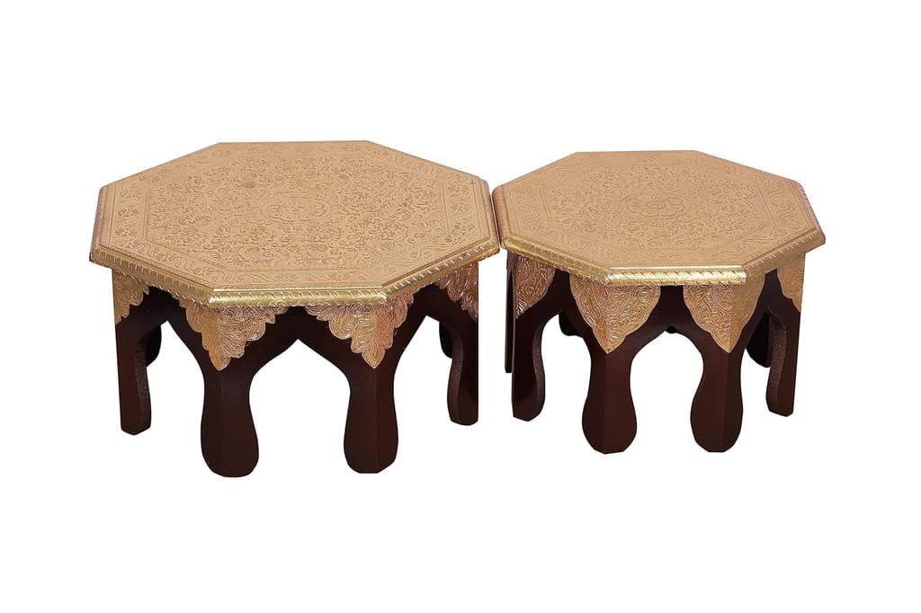 Shri Vankal Maa Art -Set of 2 Wooden Stool Pooja Chowki Bajot Multipurpose Puja Mandir Chowki (Brass) view 2
