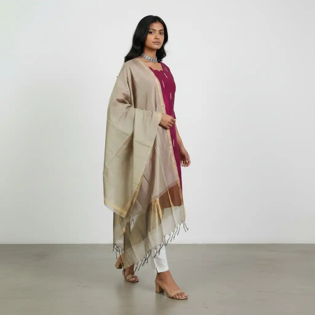 Rani Pink Raw Silk Kurti with Grey Zari-Border Dupatta, Mangalagiri view 2