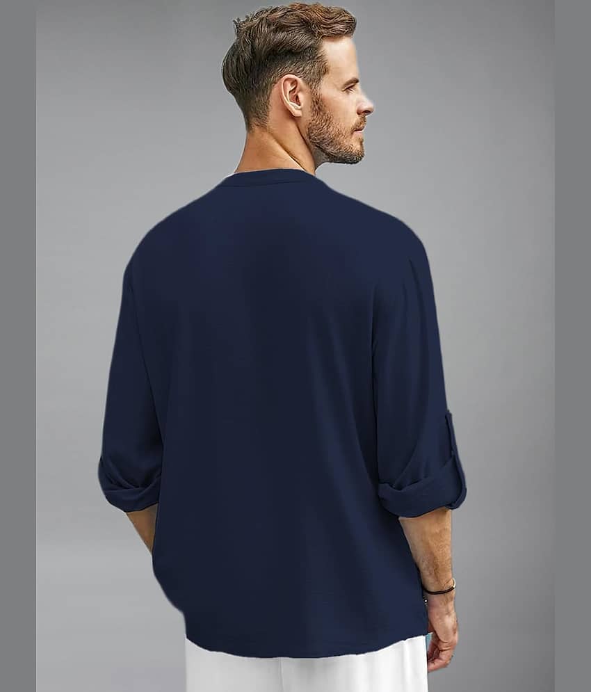 BHUVIKOO Cotton Blend Plain Shirt Style Kurta For Men ( Navy Blue ) view 2