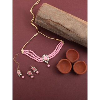 Pink Oynx Crystal Kundan Designer Choker Bridal Jewellery Set view 2