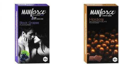 MANFORCE 3 in 1 (Ribbed Contour Dotted) Wild Black Grapes Flavoured Condoms- 10 Pieces & Premium Hotdots Belgian Chocolate Condoms with Bigger Dots - 10 Pieces Condom (Set of 2 20 Sheets) view 2