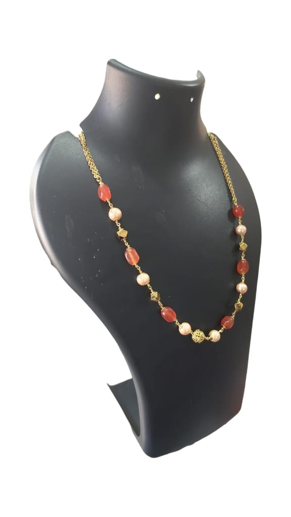 Delicate Carnelian and Pearl Beaded Necklace with Gold Plated Accents view 2