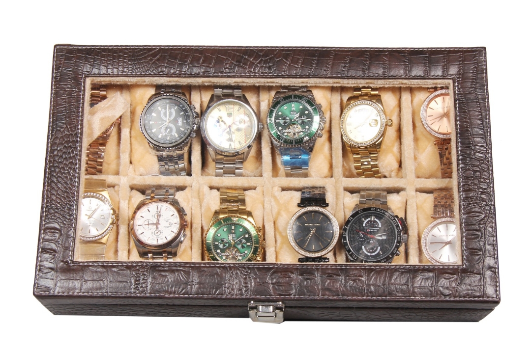 Sukeshcraft 12 Slot Premium Watch Box for Men, Croc Pattern Brown Leatherette with Grey Velvet Interior, Lockable Watch Organizer Case view 2