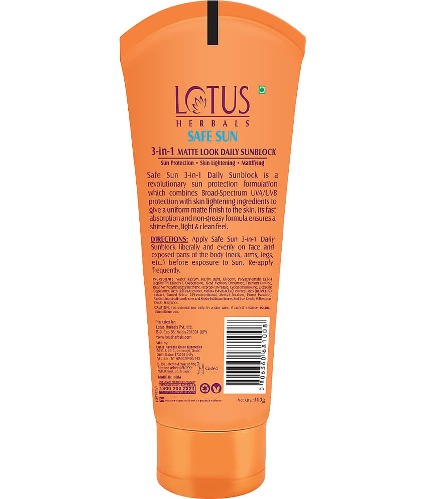 Lotus Herbals Safesun 3In1 Matte Look Daily Sunscreen, Spf 40 Pa+++, Matte Finish, 100G view 2
