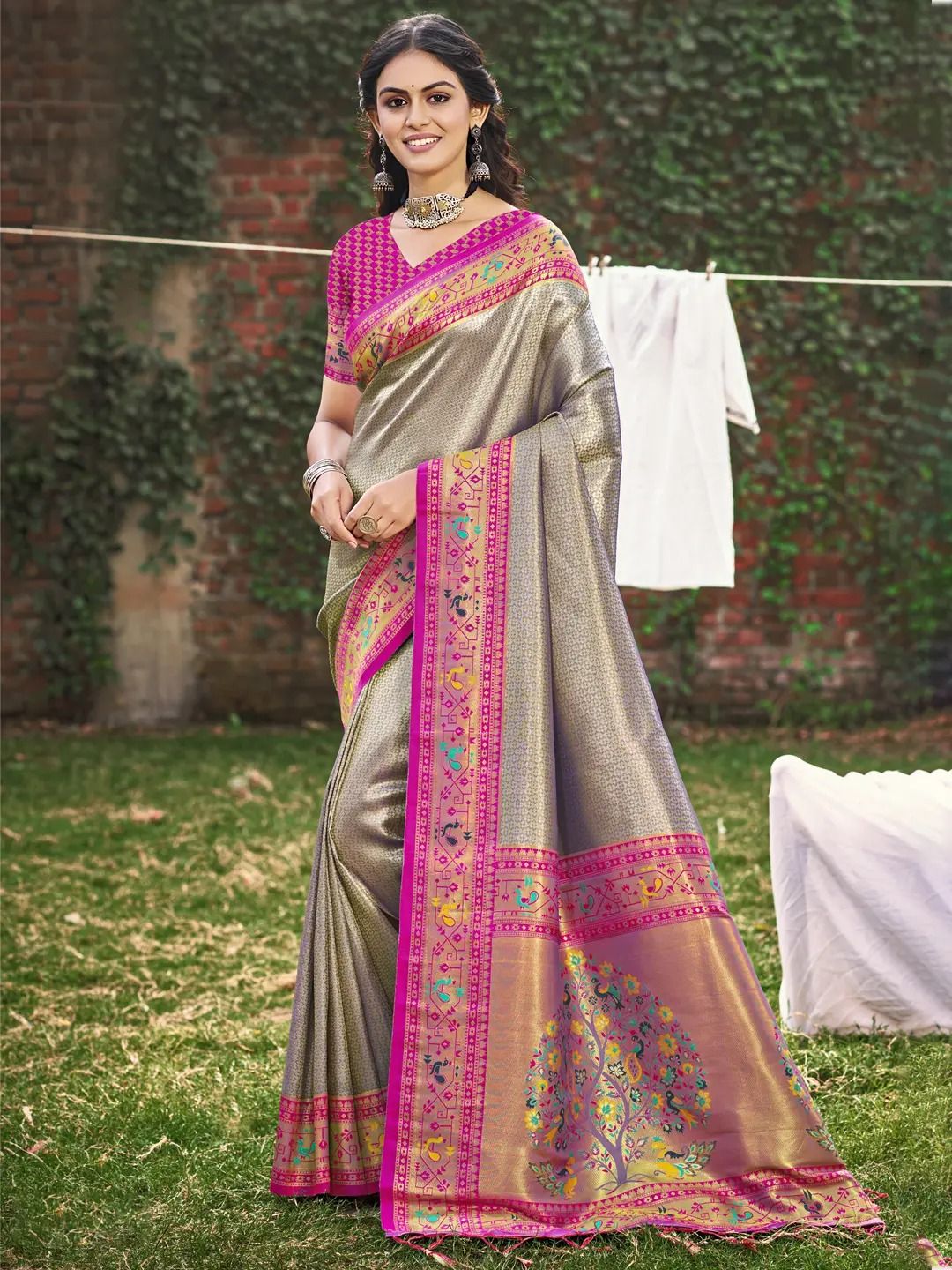 Gray Paithani Silk Saree view 2
