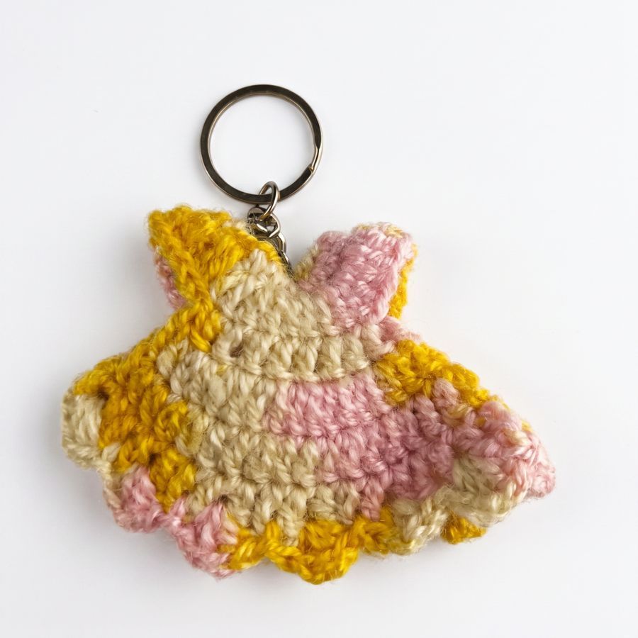 Handmade Crochet Dress Keychain - Pink & Yellow view 2