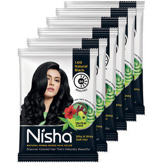 Nisha Henna Based Hair Color 25 gm (Pack OF 6 Pouch) , Natural Black , Natural Black