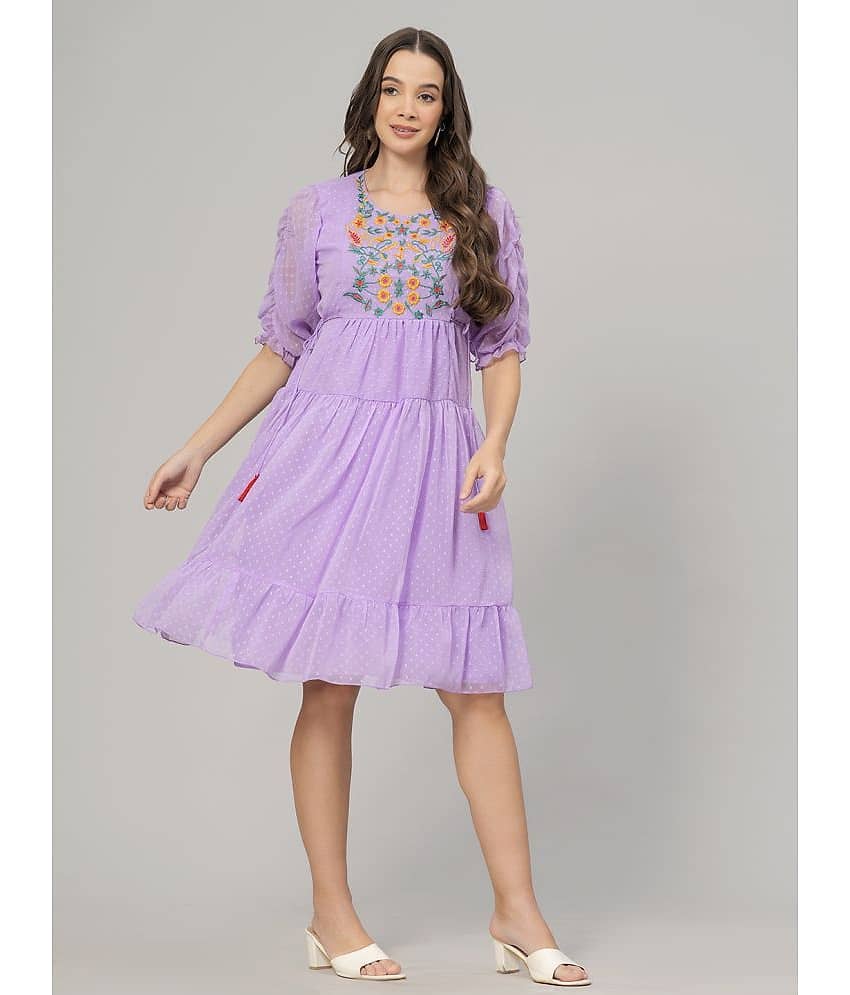 JC4U Women Crepe Printed Fit & Flare Dress ( Pink )