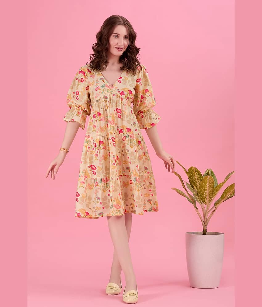 Amarasha Women Cotton Blend Printed Fit & Flare Dress ( Pink )