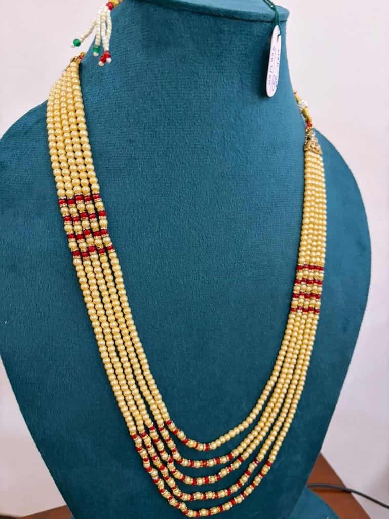 traditional gold-plated beaded moti pearl neckalce style haar with red thread accents view 2