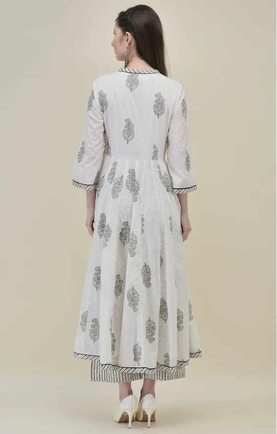 Hand Block Printed White Cotton Angrakha Suit Set view 2