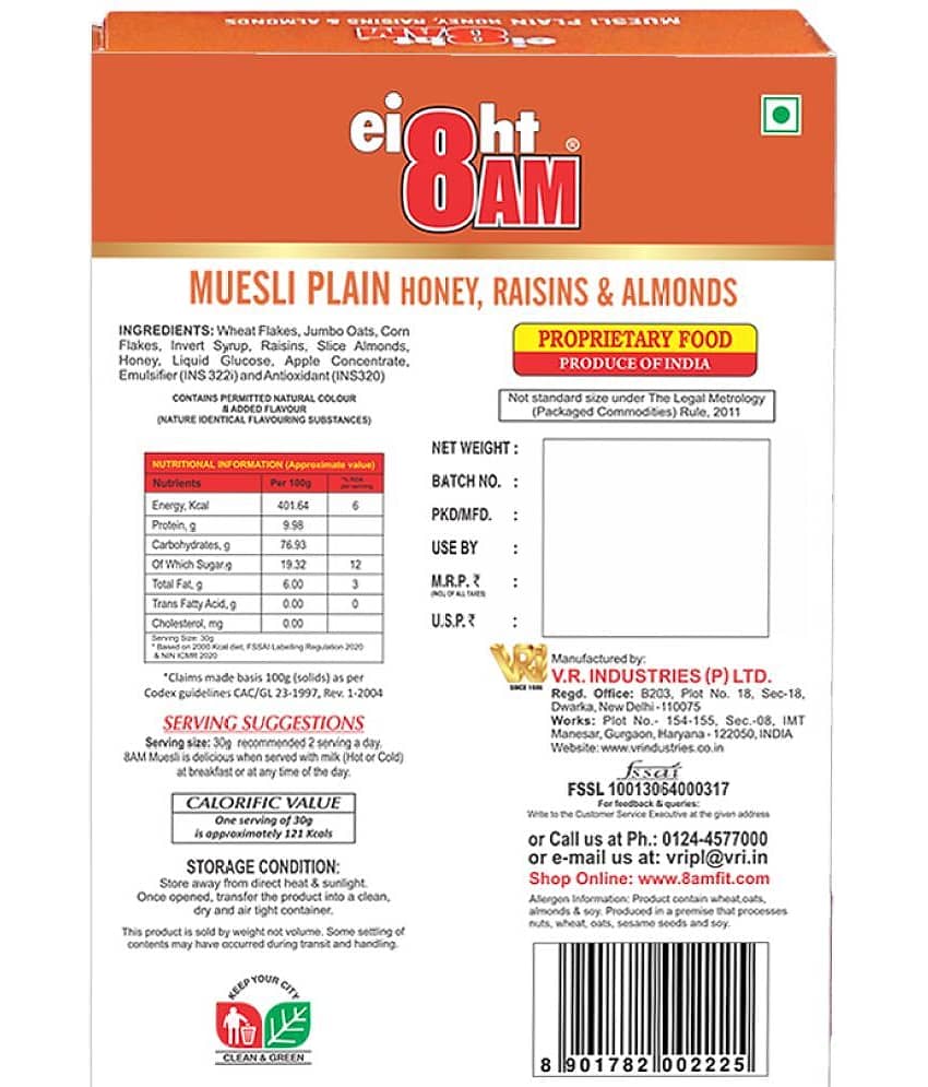 8AM Honey, Raisins & Almonds Muesli 425 gm Pack of 2 view 2
