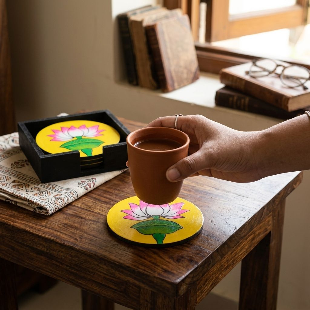 Hand Painted Wooden Pichwai Art Round Shape Yellow Color Set of 4 Coasters With Resin Layer view 2