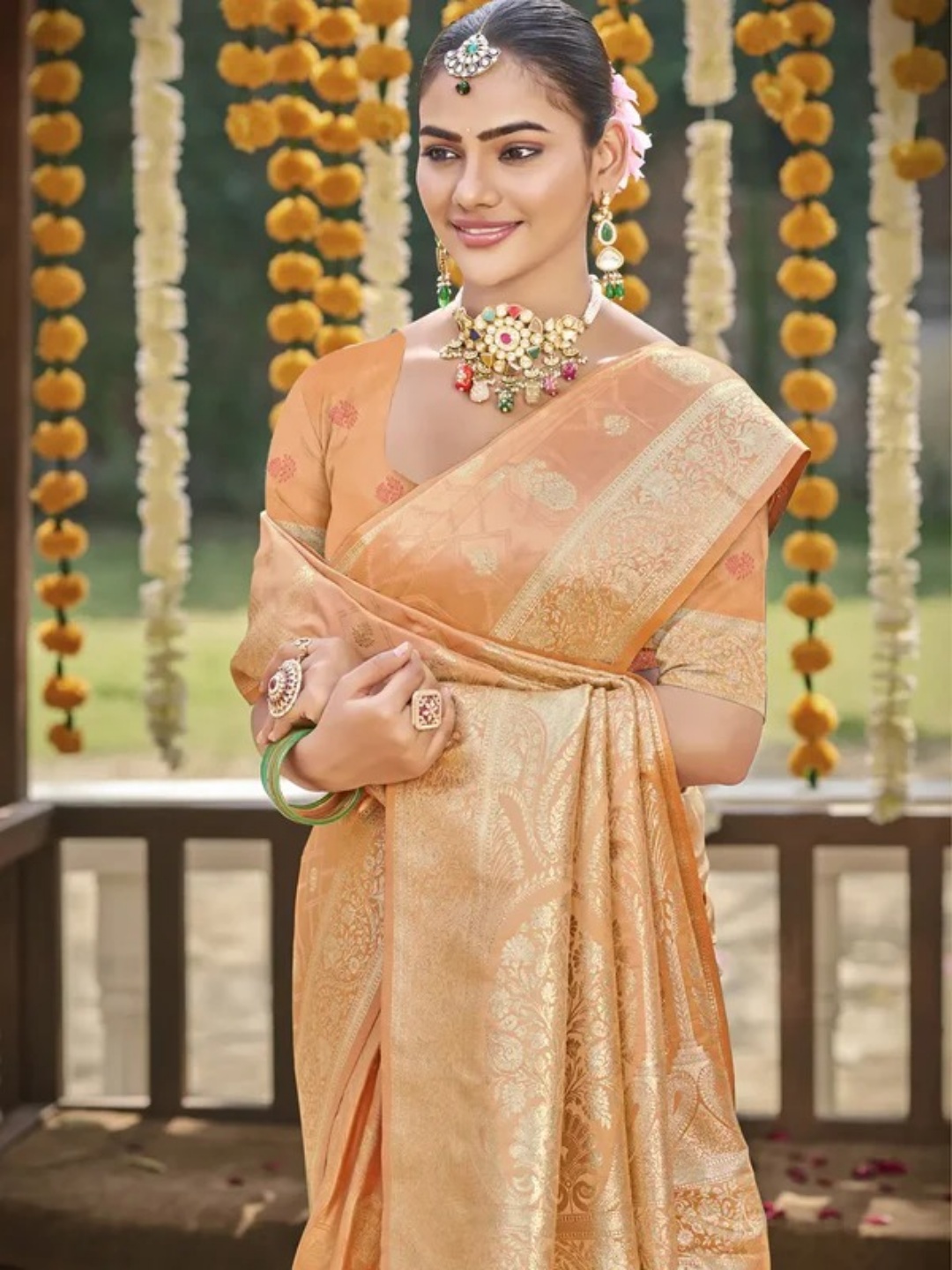 Orange Satin Silk Saree view 2