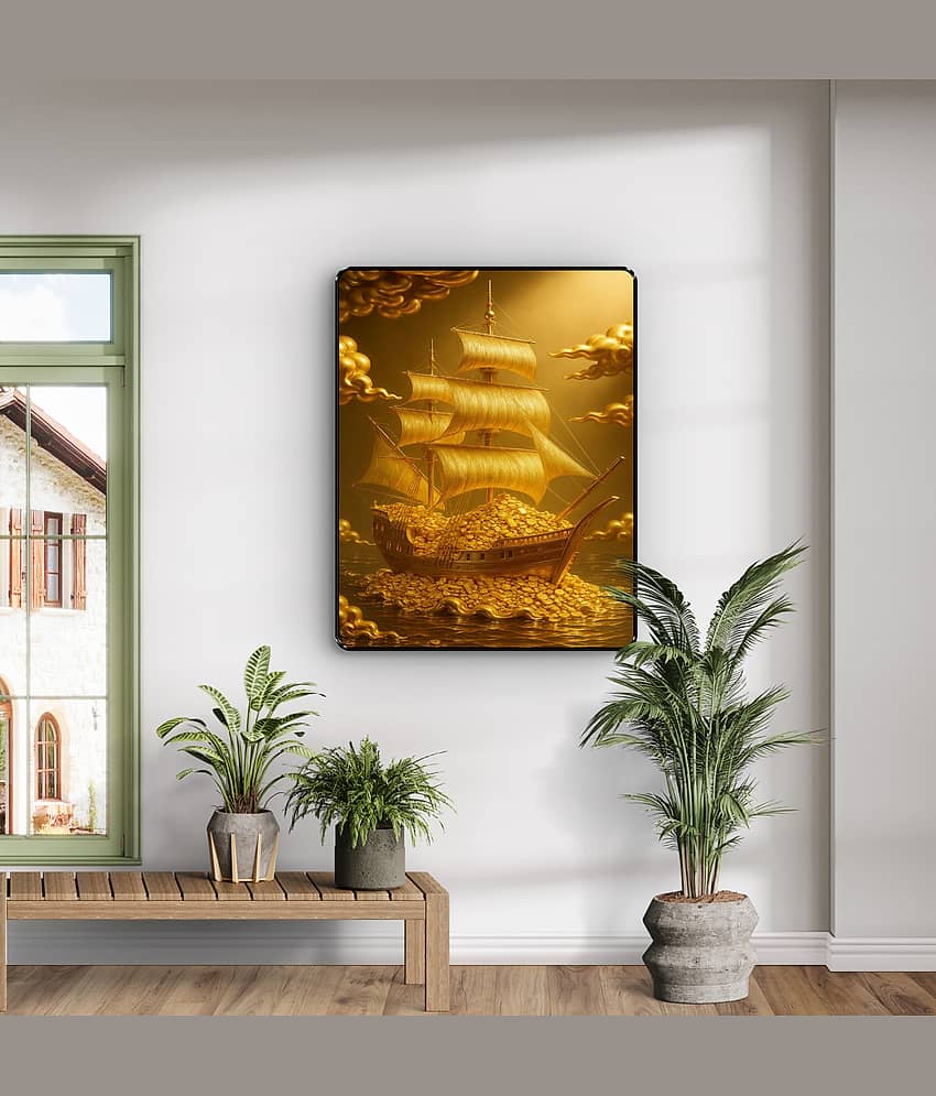 Livin'luxe Golden Wealth Ship Money Wall Art Black Frame Sparkle Laminated Painting for Vastu Decor Zone view 2