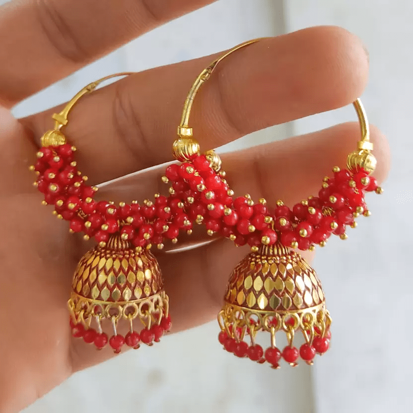 Traditional Ethnic Antique Red Color Oxidized hoop Jhumka Jhumki for Women Alloy Jhumki Earring, Drops & Danglers, Chandbali Earring, Earring Set view 2