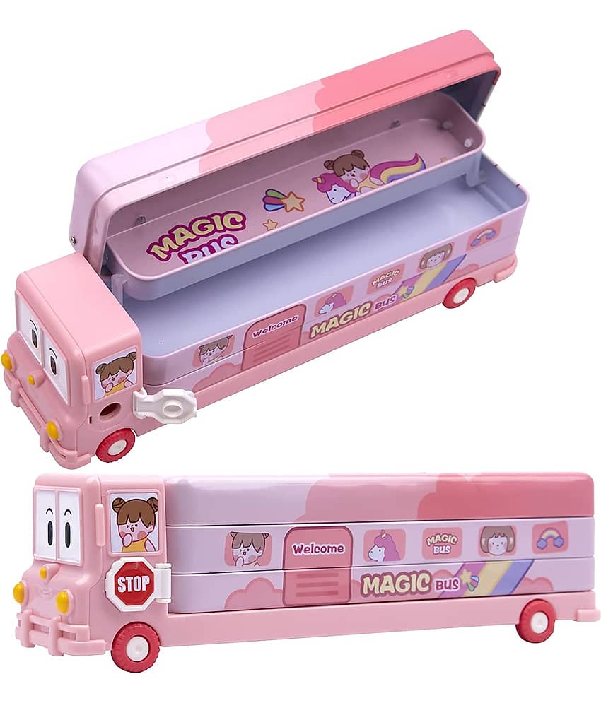 multicolor Cartoon Printed School Bus Pencil Box for Kids, Colorful Metal Pencil Case with Sharpener & Moving Wheels, Educational & Learning School Stationary Supply Set for Girls & girls (pack of 1) blue view 2